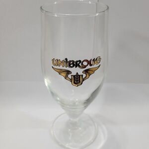 Unibroue Belgium Beer Glass Tulip 7" Tall Beer Glass Gold Print French Canadian